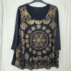 (NEW) Lucky Brand Black Bronze Foil Medallion 3/4 Sleeve Tee Size 2X